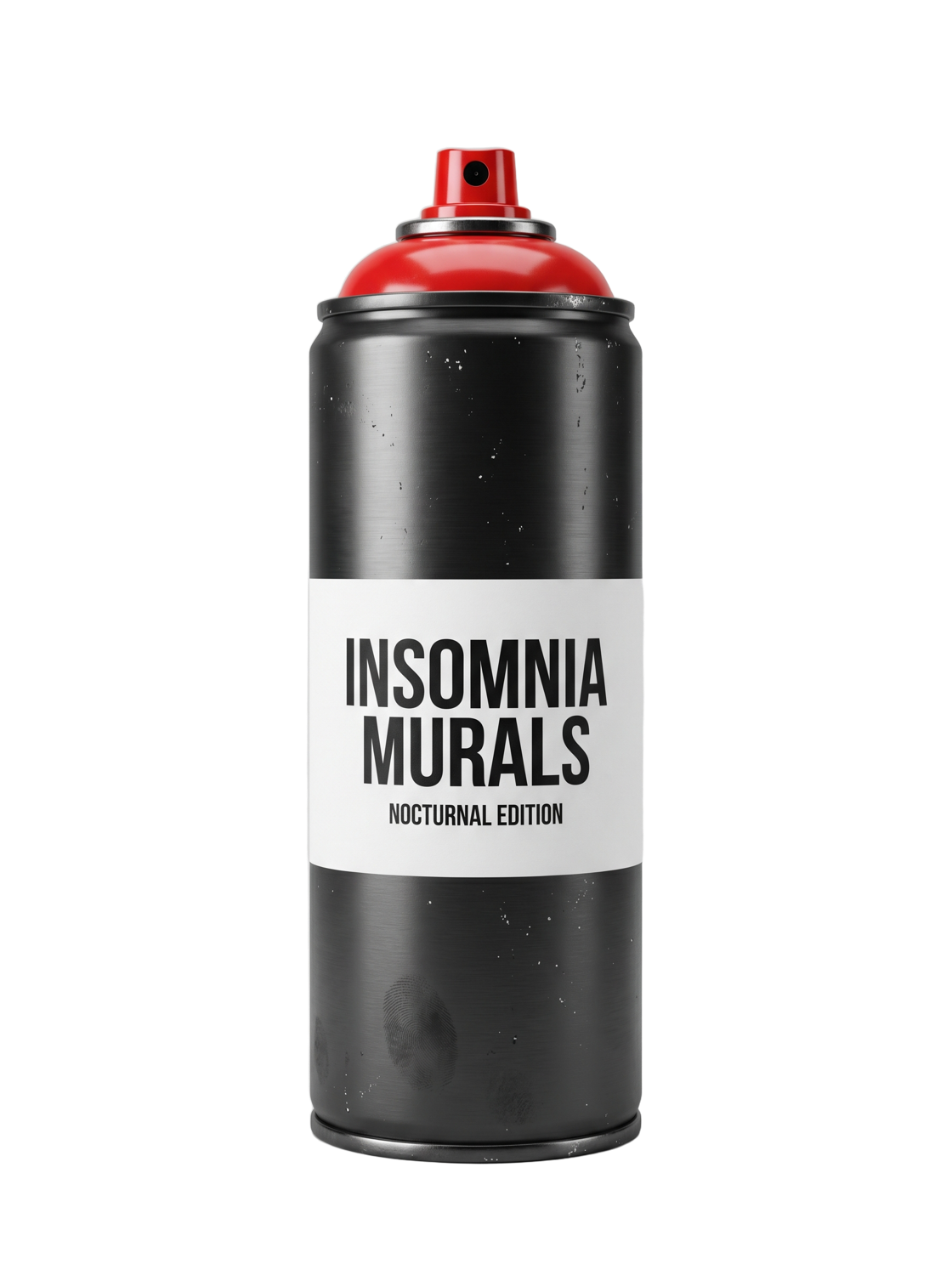 The Insomnia Murals signature spray can: matte black body, white label, red cap.